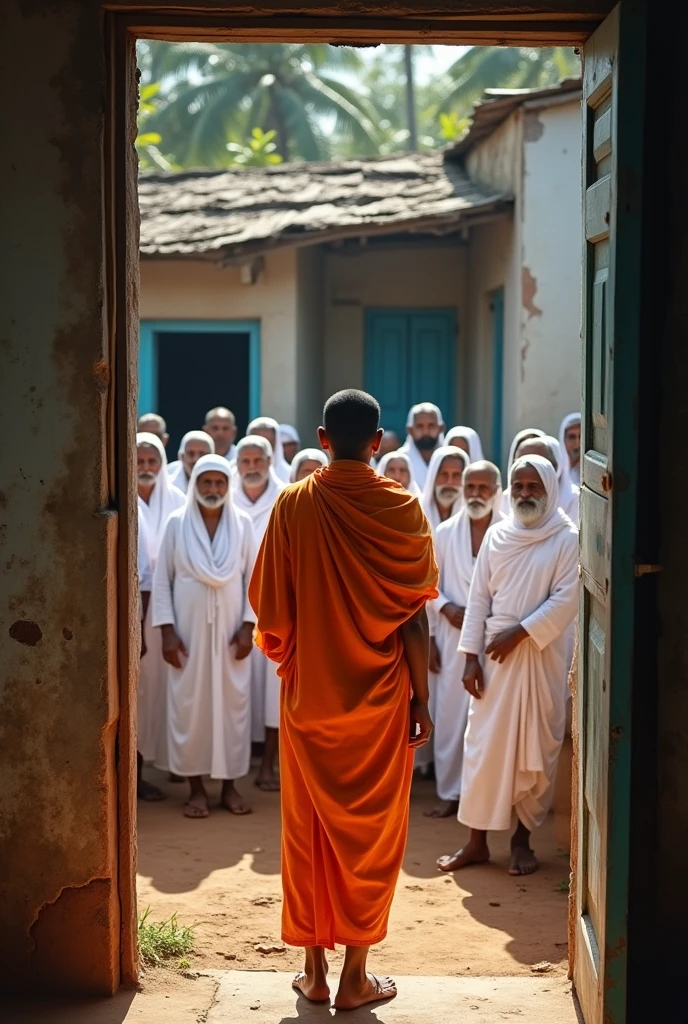 A 2 young Swami in a orange robe stands in front of a ramshackle kerala house. He was surrounded by hundreds of old white-dressed people. Swami is walking towards the house after changing them. This is as seen by someone who opens the door of the house