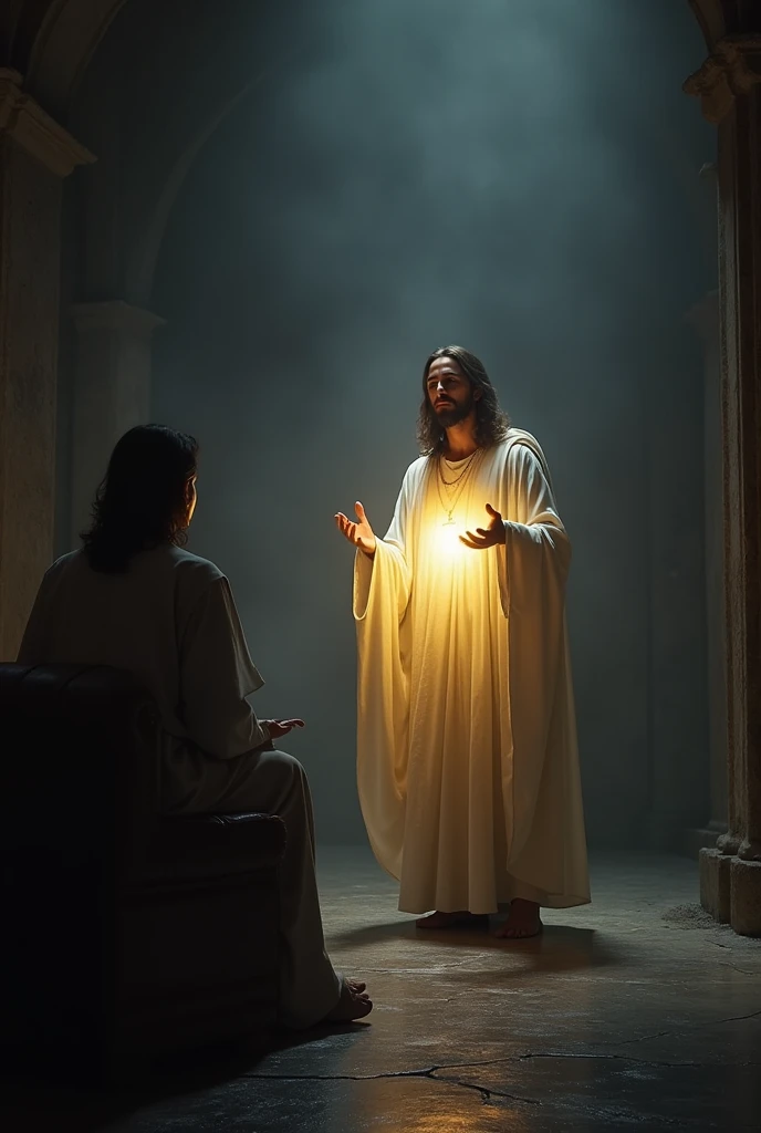 Jesus speaking to someone in a dark room but Jesus is the light