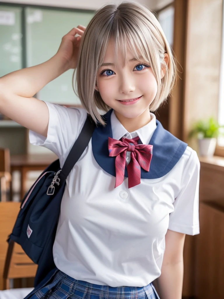 Browsing Caution,Correct human anatomy,Photorealistic One Girl,Very detailedかわいい顔,Short Hair,Natural platinum silver hair,Bright big blue eyes,Droopy eyes,smile,Nordic beauty,Perfect Boobs,Perfect Vagina,high quality,最high quality,8k,Ultra-realistic,Very detailed,High resolution,High resolution修正,Masterpiece,(School uniforms:1.5),(Sexual climax:1.5)