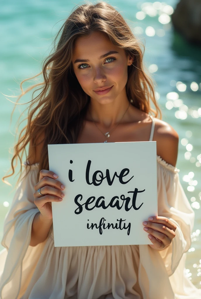 Beautiful girl with wavy long hair, bohemian dress, holding a white board with text "I Love Seaart Infinity" and showing it to the viewer