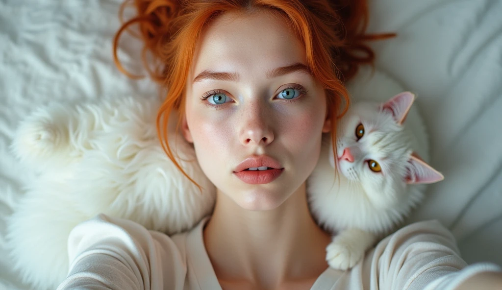 raw photo in UHD RAW format, (taking selfies, aerial view: 1,2), (straight half of the torso: 1,0). A 20 year old girl with a bun, natural red hair and blue eyes, parted lips. [ hyper-realistic texture ], [ hyper-realistic skin texture ], good lighting. fine-details, olhos e rosto extremamente symmetrical, extremely detailed, symmetrical, sharp piercing eyes. a white cat
