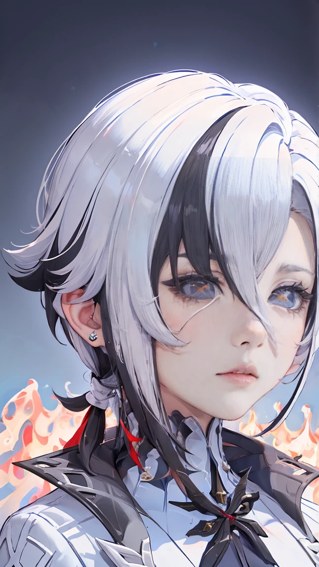 uhd, accurate, masterpiece, Anatomically correct, textured leather, super detail, Best quality, 16 thousand., 1080P,One,(1 woman,perfect body, white short hair),(Blue eyes:1.7)(red x-shaped pupils:1.7),(crying)(tearful:1.9), (Focus on face:1.4),(in the church),(Genshin&#39;s influence/harlequin)

