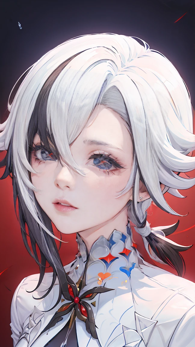 uhd, accurate, masterpiece, Anatomically correct, textured leather, super detail, Best quality, 16 thousand., 1080P,One,(1 woman,perfect body, white short hair),(Blue eyes:1.7)(red x-shaped pupils:1.7),(crying)(tearful:1.9), (Focus on face:1.4),(in the church),(Genshin's influence/harlequin)