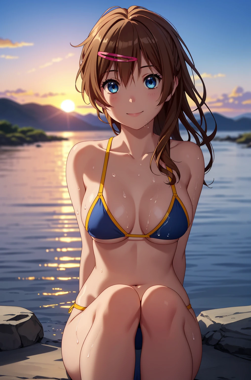 ((masterpiece, Highest quality, High resolution, uhd, Pixel perfect, Depth of written boundary, 4K, RTX, HDR)), 1 Girl, single, alone, 24-years-old, Anime Girls, Beautiful art style, anime character, ((Parted bangs, Brown Hair)), (blue eyes、Round eyes, Delicate eyelashes、Beautiful eyelashes, Perfect Eyes), (Detailed face:1.2), (Smooth texture:0.75, Realistic texture:0.65, Realistic:1.2, Cinematic, Anime CG Style), Perfect body、Moderately good breasts:1.7、Micro Bikini:1.8、Visible from the side:1.9、Wet、Water Drop、Splash、nsfw、もっとView from below、smile:1.8、Bra shoulder straps:1.8、In the sea:1.8、Sit with your knees bent:1.8、Visible from the side:1.8、The whole body is visible:1.8、View from below、Wind、Tropical、sunset、Put your arms behind your back:1.8