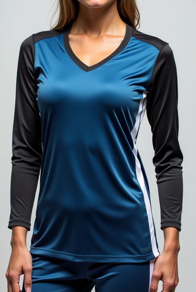 Women's v-neck long-sleeved soccer t-shit in black, white and blue