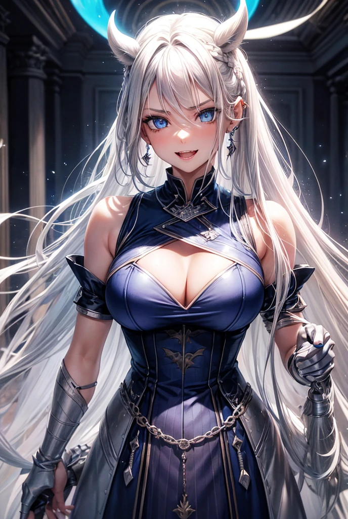 High resolution, breasts, blue eyes, very long hair, Horse tail, teeth, , Very detailed, HD Model,White hair, silver hair, two braids, messy hair, straight hair, Much hair, spiky hair, Lock of hair, big breasts, earrings, blue eyes, , Fangs, light smile, raised eyebrows, horizontal pupils, Devil&#39;s pupils, snake pupils, Multiple views, blurred closeup, Angle of eyes, Love de cabello, Love, sale,  lines of movement, silhouette, abstract expressionism, animated style, cheered up, 