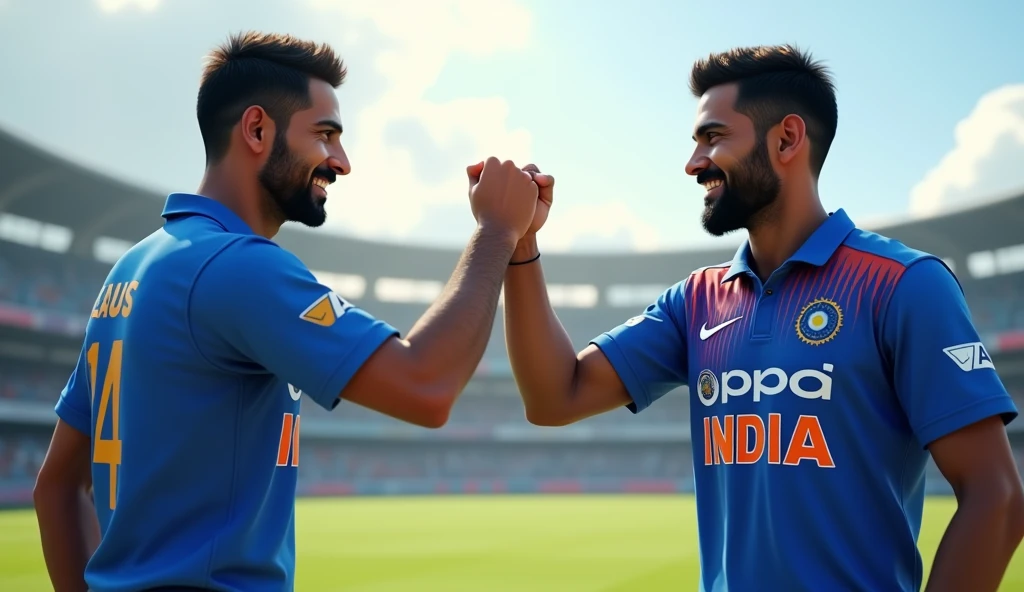 Two person with cricket india cricket team jersey fist bumping