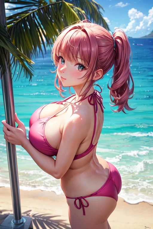 ((Best Quality)), ((masterpiece)), (detailed), 1 girl, with a pink swimsuit, big breasts, with hands in her hair, hair with pigtails, beach landscape, with palm trees, and tropical trees, ((view from above)),((looking at the viewer))  