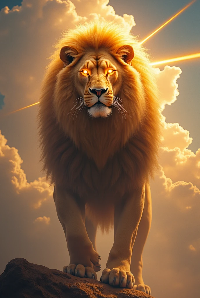 Image of a lion with great power,like eyes of fire,rays coming out,before the clouds of the sky.