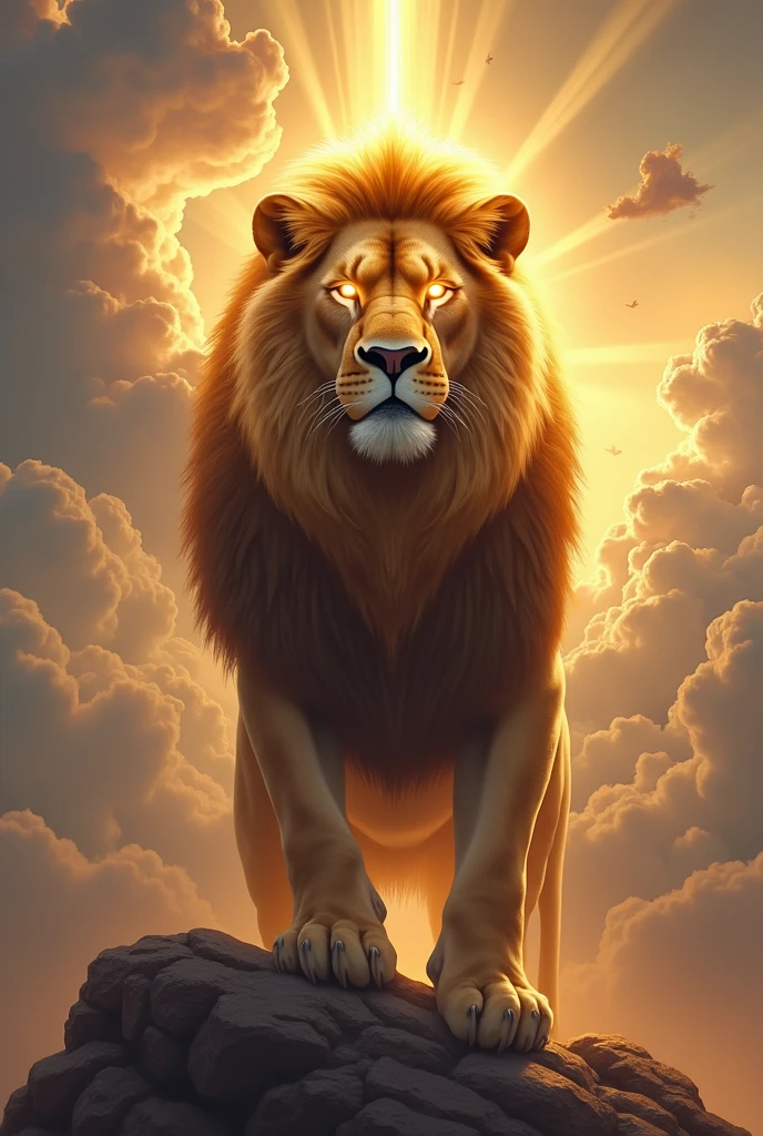Image of a lion with great power,like eyes of fire,rays coming out,before the clouds of the sky.