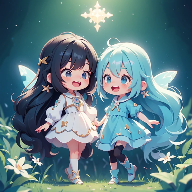 2people Fairy Long light blue hair Long black hair cute Anime-style characters laughing The whole body is visible Charm High resolution delicate