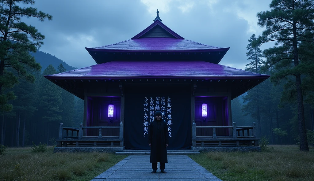 A mysterious large Japanese-style mansion、Wide width、Near the forest、Gaudy purple roof、It&#39;s a single-story wooden building with an eerie monument visible in the back.、Inspired by old Japanese houses、Creative religious facilities、辺境の寂しい場Placeにある、A glimpse of unknown technology、It has been several decades since it was built.、The surrounding background is bright during the day, so the area around the building has a creepy atmosphere to contrast with it.、Place々Rough、A large black curtain with mysterious letters written in white hangs at the entrance.、Someone dressed in black and blindfolded is peeking through the curtain.、Several glowing blue lanterns are attached to the building.、The sky in the foreground is bright and blue, but dark clouds can be seen in the distance.、One room at the top back is glowing purple.