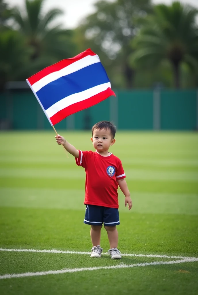 A child stands on a football field with his left hand holding the Thai flag.