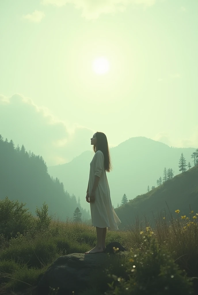 a person standing in a beautiful landscape, feeling content and peaceful