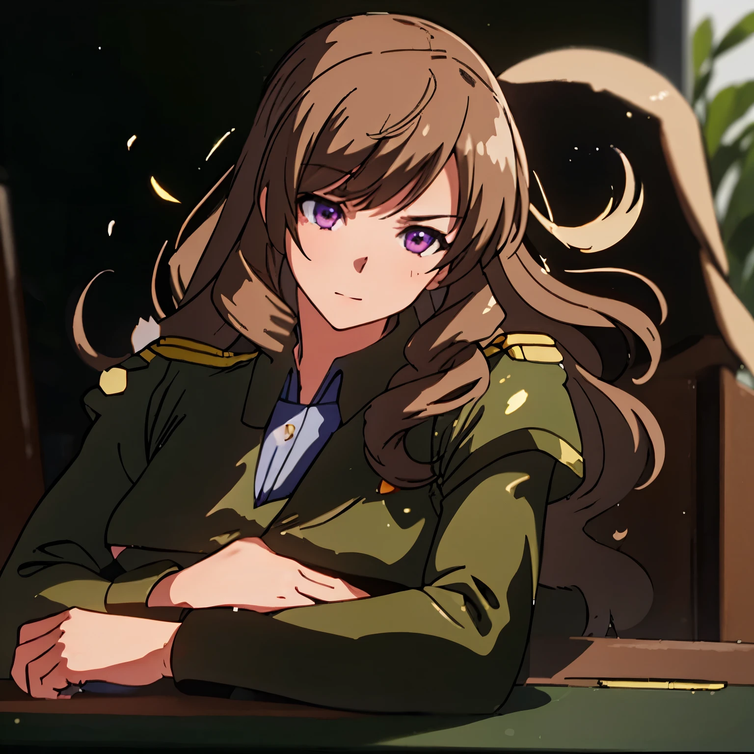 gundammilitaryuniform, full body, beautiful eyes, beautiful girl, high detail skin, high detail eyes, high detail hair, highres, ultra detailed, sharpen picture, Highly detailed, masterpiece, best quality, photorealistic, solo, 1girl, hair ornament, Chie, long hair, light brown hair, purple eyes, large breast, huge breast