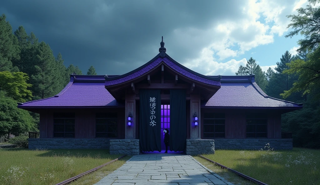 A mysterious large Japanese-style mansion、Wide width、Near the forest、Gaudy purple roof、It's a single-story wooden building with an eerie monument visible in the back.、Inspired by old Japanese houses、Creative religious facilities、辺境の寂しい場Placeにある、A glimpse of unknown technology、It has been several decades since it was built.、The surrounding background is bright during the day, so the area around the building has a creepy atmosphere to contrast with it.、Place々Rough、A large black curtain with mysterious letters written in white hangs at the entrance.、Someone dressed in black and blindfolded is peeking through the curtain.、Several glowing blue lanterns are attached to the building.、The sky in the foreground is bright and blue, but dark clouds can be seen in the distance.、One room at the top back is glowing purple.