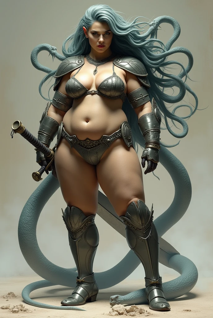 mujer woman long hair medusa big boobs serpent very stocky muscle muscular nude desnuda naked giant sword bikini  armor