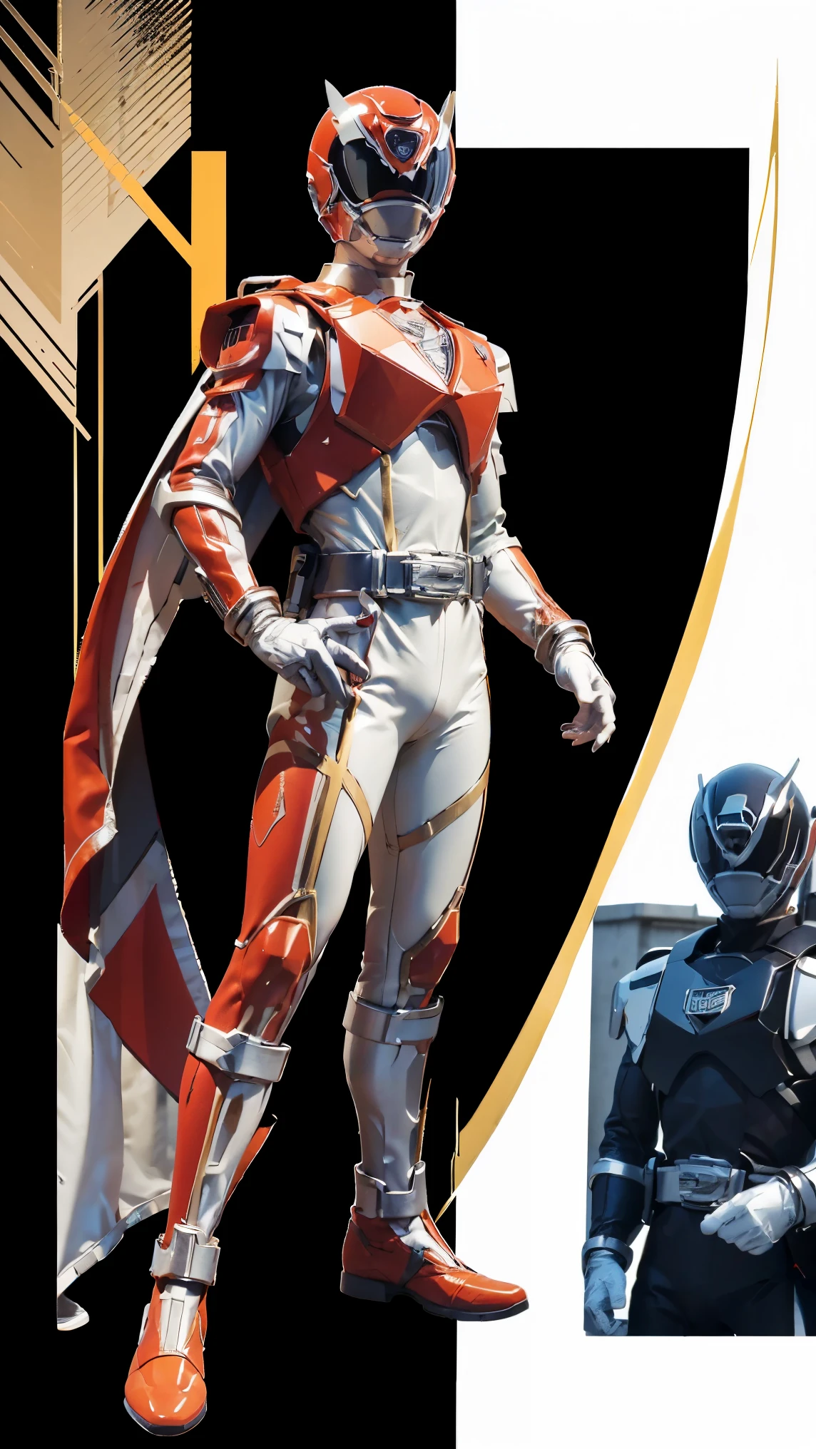 1boy, full body, Illustration, cinematic light, high resolution, best quality, ultra detailed, masterpiece, power suit, powerranger, suit, spd, (Silver and Gold chestplate), red and gold detail, (((white suit))),