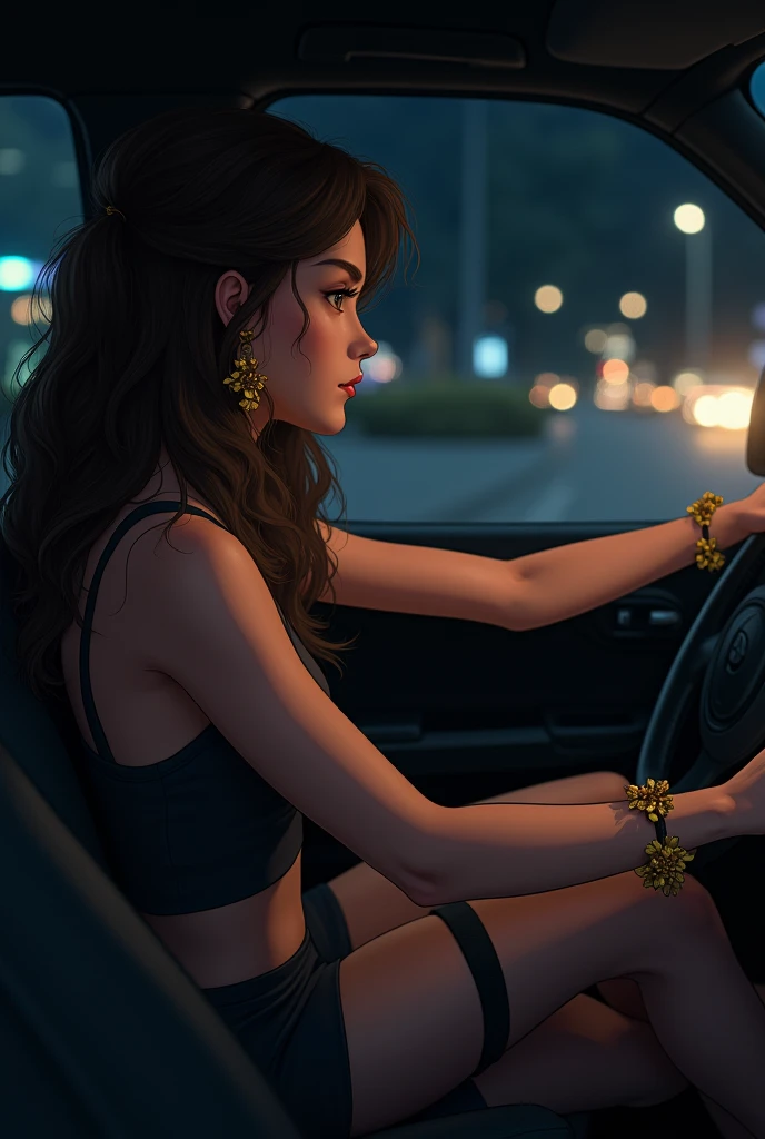 You can create an image of a girl driving at night, The girl's characteristics are: brown skin, long curly hair, slim, with a golden flower bracelet with the black garter, and you have to be facing away as if it were a photograph that was taken from behind and you cannot see your face