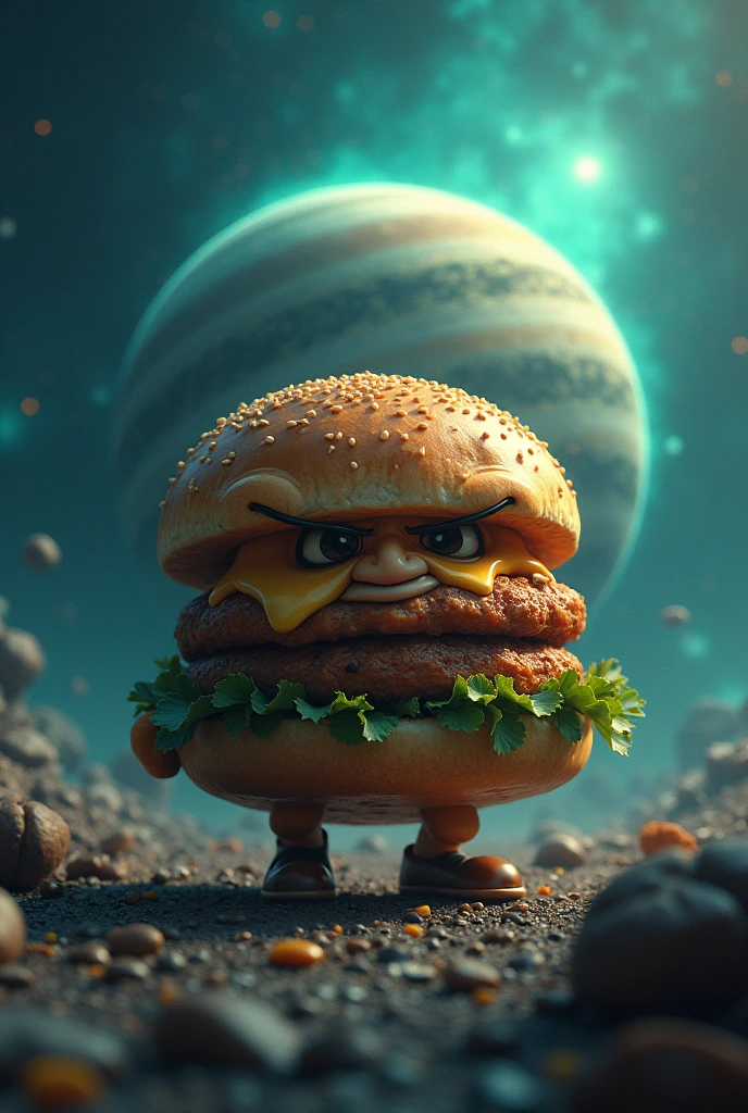 The burger has an angry face , he is in the universe of neptune