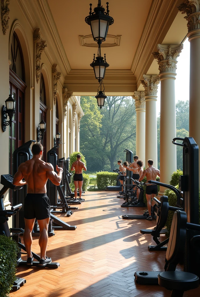 Gym on the porch of a mansion
