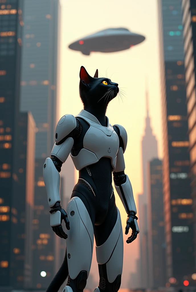 Black cat in white robot avatar between skyscrapers at evening viewing alien craft
