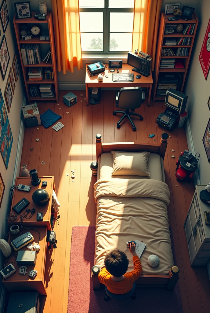 a room of an average American male teenager, visao top down
