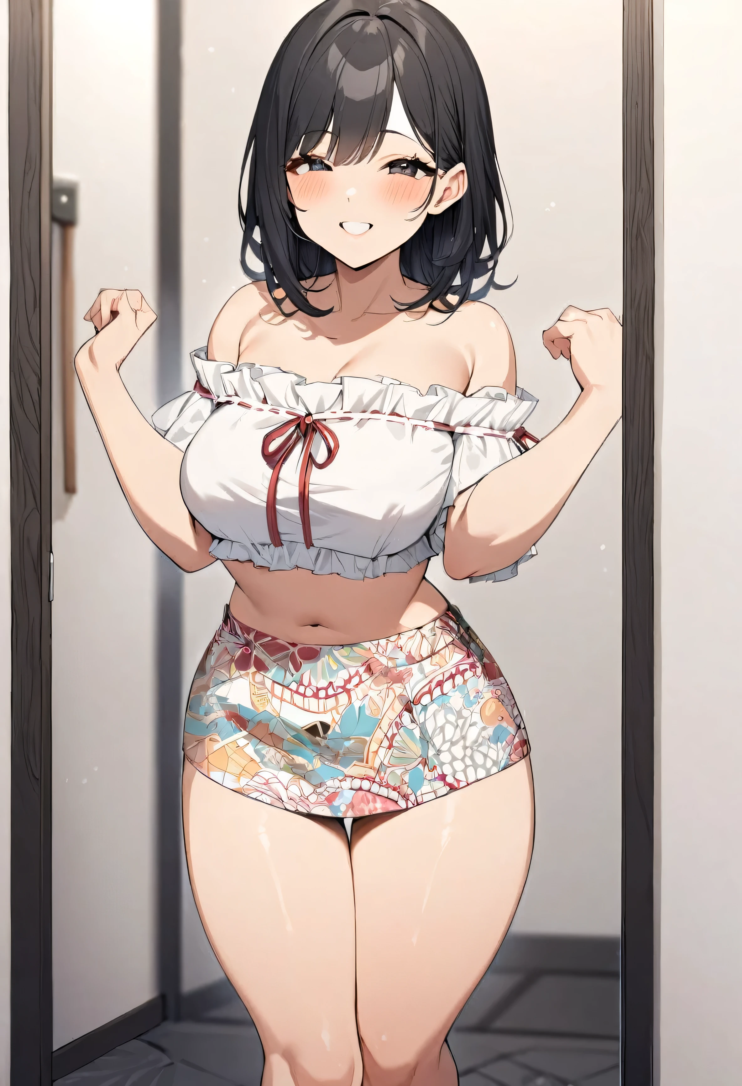 masterpiece,Super detailed,1 Female,Off-the-shoulder short summer blouse,pattern skirt,Are standing,In Tokyo,Curved body,Medium Straight Hair,Cute Japan gravure idol,Black Hair,(puppet),Smile,Oval Face,compensate,