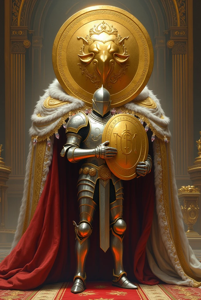 A knight in shining armor and a beautiful shield in hand in the shape of a coin and a king with a large head in the shape of a coin.