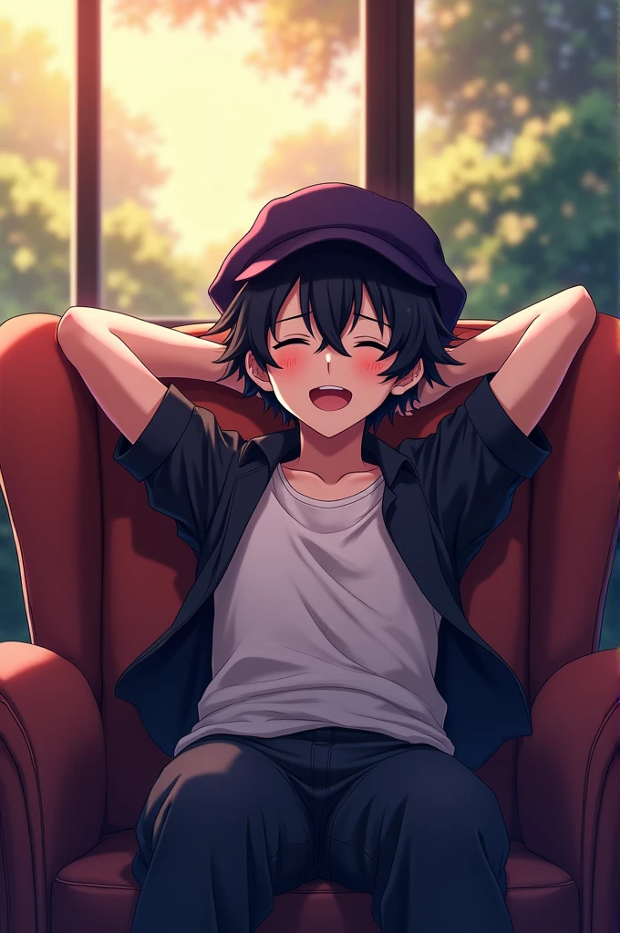 Create an anime scene, in which the character Itadori has dark hair and a hat with a dark purple color, With your arms behind your head, of freight, and with eyes closed, and a disguised smile on the side, in an armchair, with an anime setting with late afternoon colors, next to a large glass window, with the sun shining on your toned abdomen, 