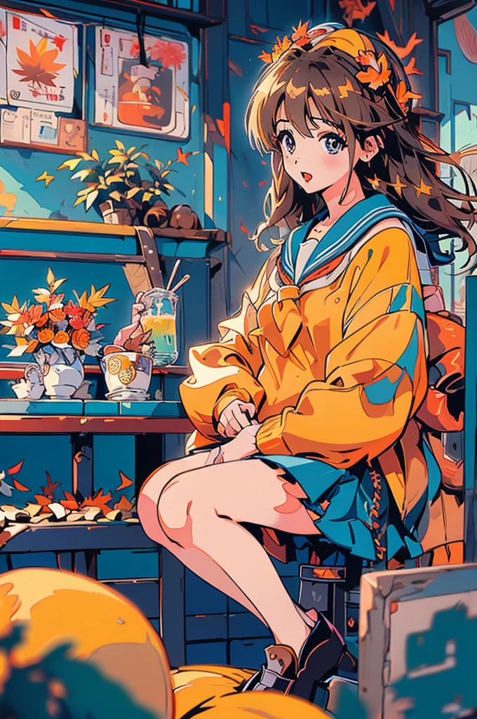 (masterpiece:1.2), Highest quality,Pixiv,Surprised girl,Portraiture、1、Large Breasts、Small waist、Close-up of face、Ecstasy、((((Kyoto Animation、Autumn Outfits、Sailor suit、squat))))、mini skirt、Girl sitting、Beer and Yakitori、barefoot、Kitauji High School Uniform、loafers
