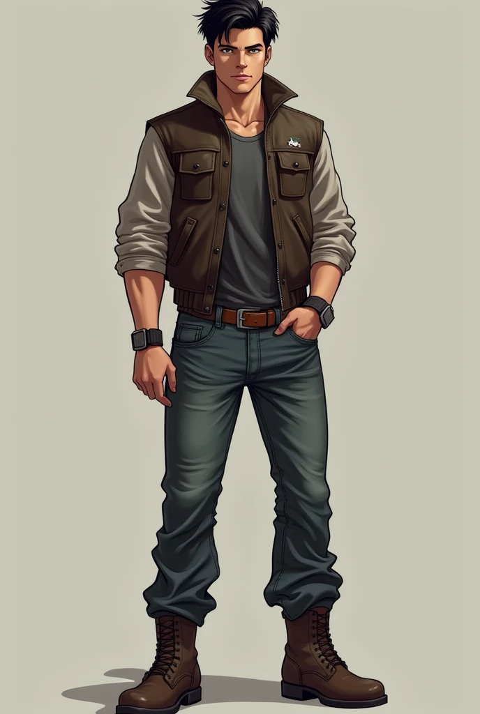 Tall boy of 1,92 with leather vest jeans boots, white with brown eyes, defined face and short black hair