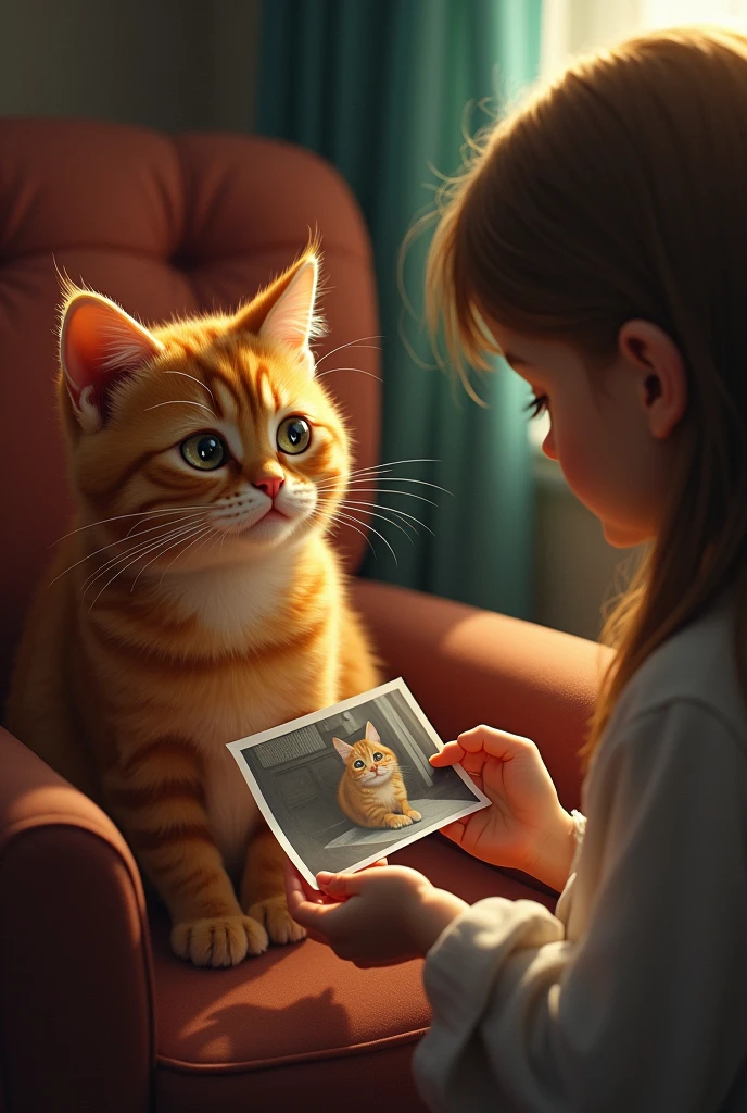 The small ginger cat sitting in chair in the house and tears coming like water in his eyes to watch the small girl picture in the hand