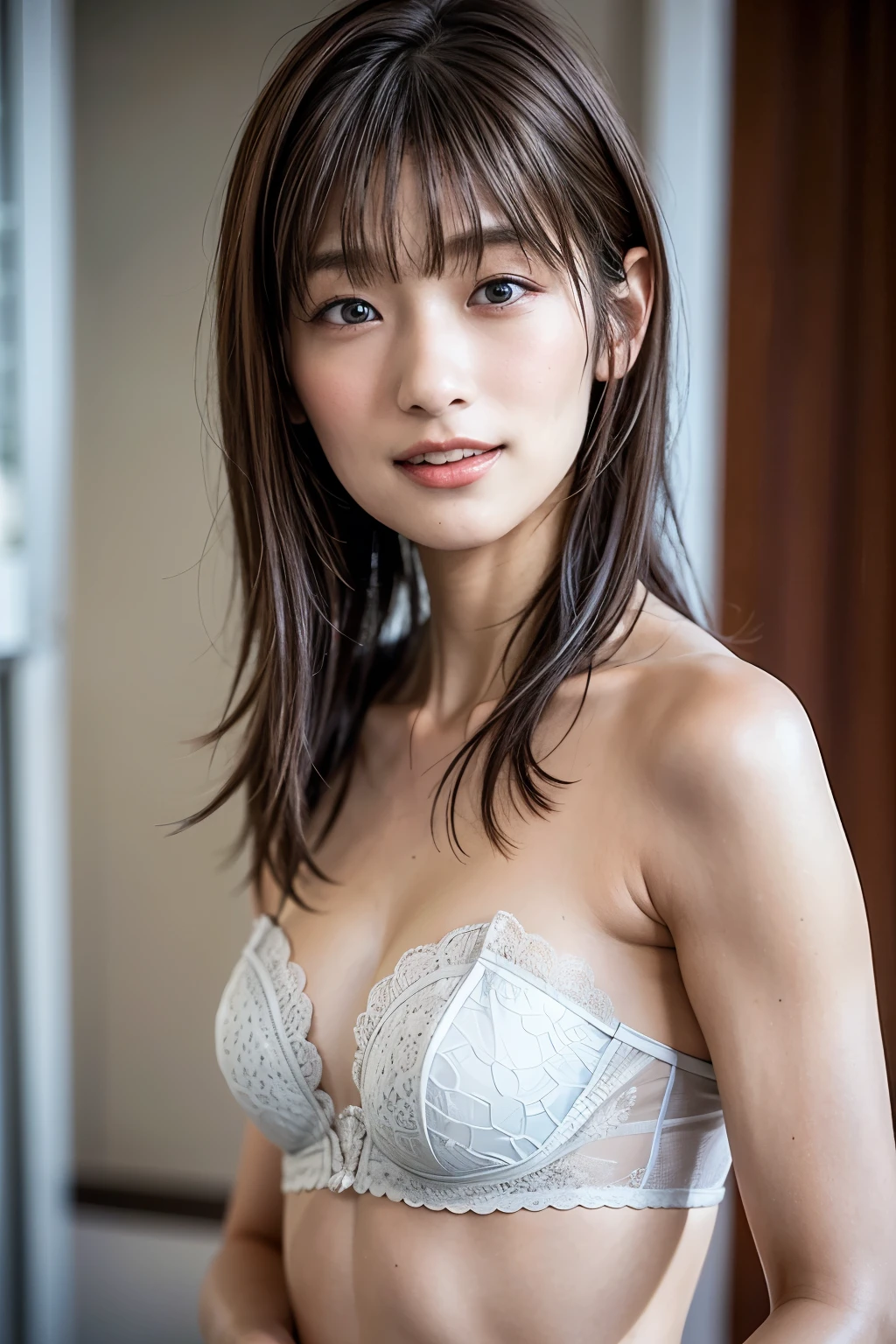 (realistic, photo-realistic, best quality, masterpiece), high resolution, intricate details, extremely detailed, portrait, solo, a Japanese woman, (skimpy lingerie, strapless bra), (tiny breasts, flat chest, poor size bust:1.4), dark hair, bangs, detailed face, detailed eyes, sophisticated nose, realistic nostrils, pale skin, (big smile), photo background, indoors,