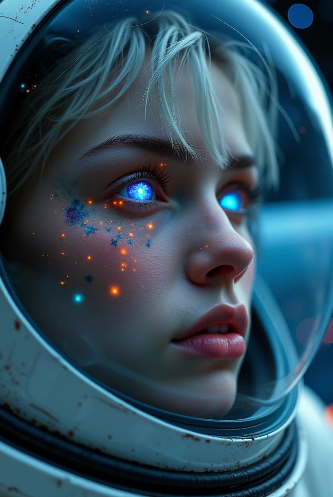 (Close-up of a better masterpiece:1.5)0.9], (Space and astronauts:1.2) (Messy silver hair:1.1) (Heterochromia xanthochromia and blue eyes:1.2) (Space Helmet:1.0) (Colored stars in the eyes:1.0) (A radiant glow:1.1) (thick lips:0.9)