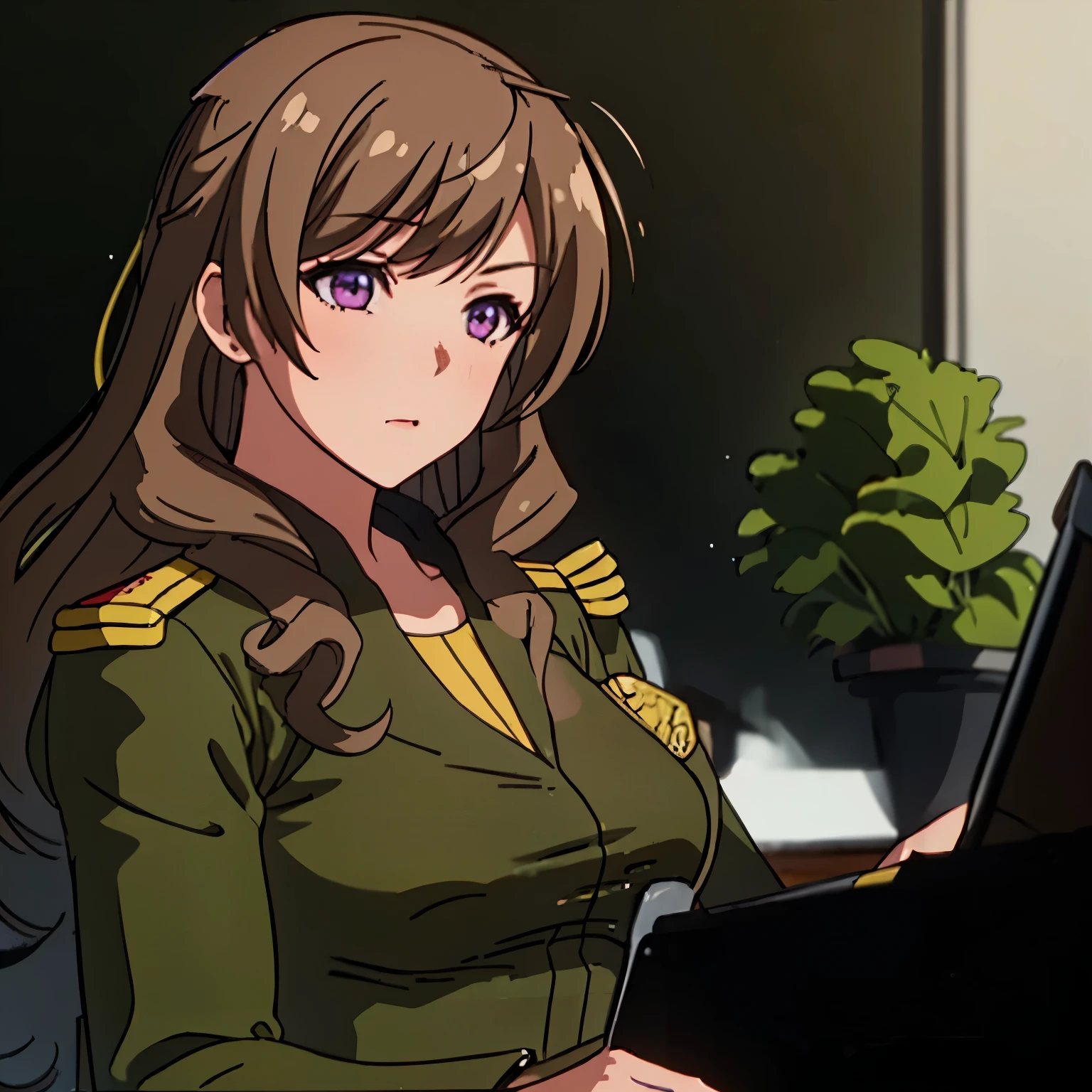 gundammilitaryuniform, full body, beautiful eyes, beautiful girl, high detail skin, high detail eyes, high detail hair, highres, ultra detailed, sharpen picture, Highly detailed, masterpiece, best quality, photorealistic, solo, 1girl, hair ornament, Chie, long hair, light brown hair, purple eyes, large breast, huge breast