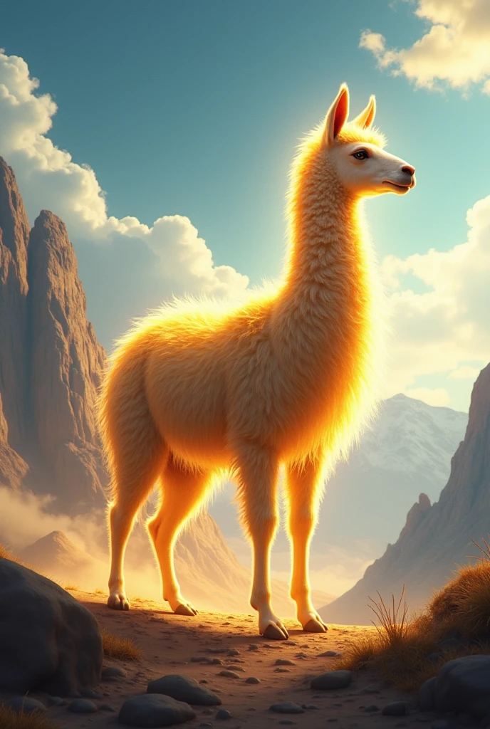 Create a legendary Peruvian llama capable of going at the speed of light, It's golden, can fly and is bathed in oxidiana