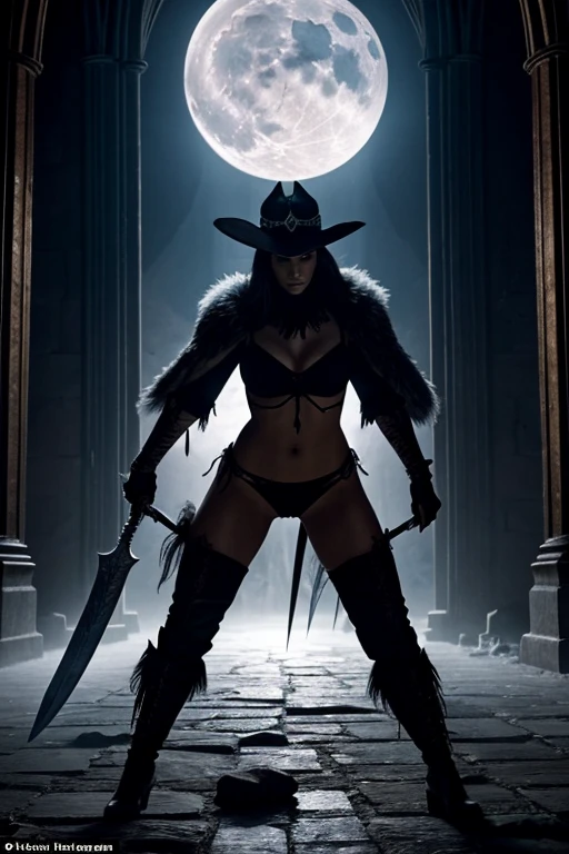 Uma caçadora de Bloodborne, wearing dark bra and panties and a white feather hat, is in fierce combat against the creature Vicaramelia. The huntress wields a sword and a pistol, ready to attack. Vicaramelia, a colossal wolf-like creature, Caucasian skin, sharp claws and glowing eyes, advances with fury. They are inside a Gothic cathedral, with broken stained glass windows, ancient pillars and ruined altars. Moonlight illuminates the scene through the stained glass windows, creating a dramatic shadow play. The stone floor is covered in a light mist, adding a touch of mystery. The predominant colors are shades of gray, dark blue and white, giving the scene a dark and sinister atmosphere."
