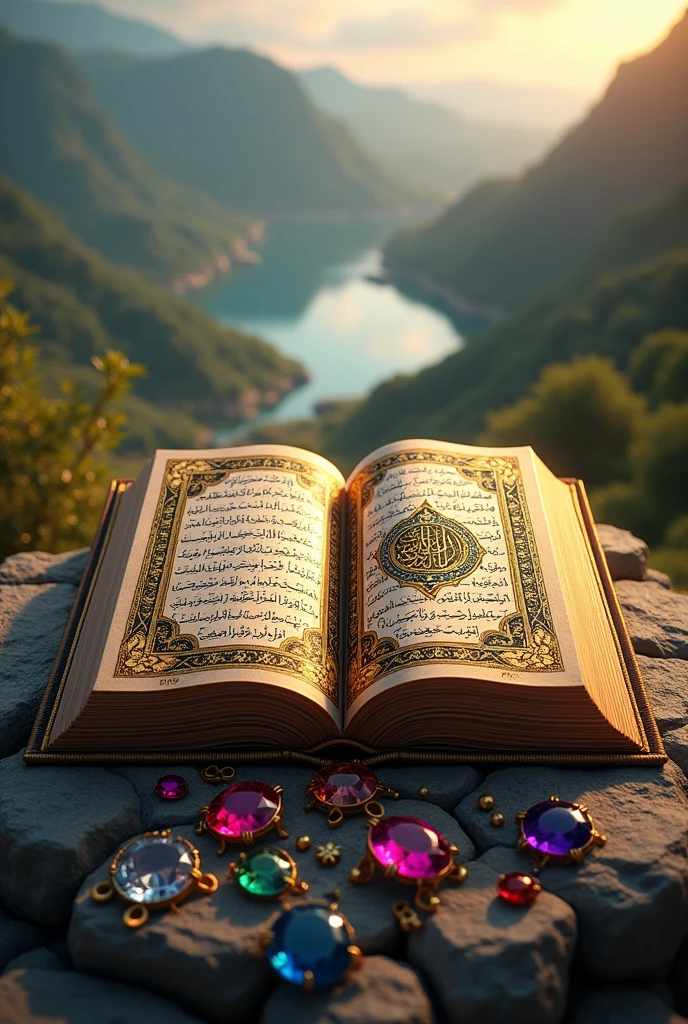 Holy Quran wallpaper with precious stones and metals, on a beautiful background. Most beautiful image of all