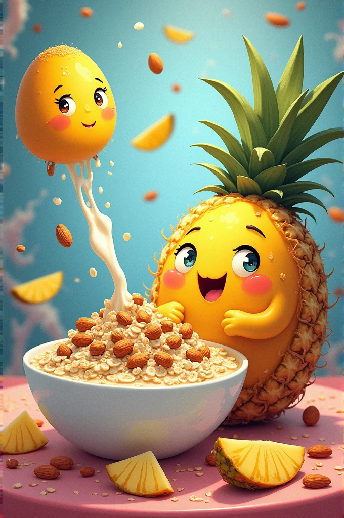 A breakfast that contains oatmeal, almond milk, chia seeds, pineapple and mango that is not realistic, that is a drawing