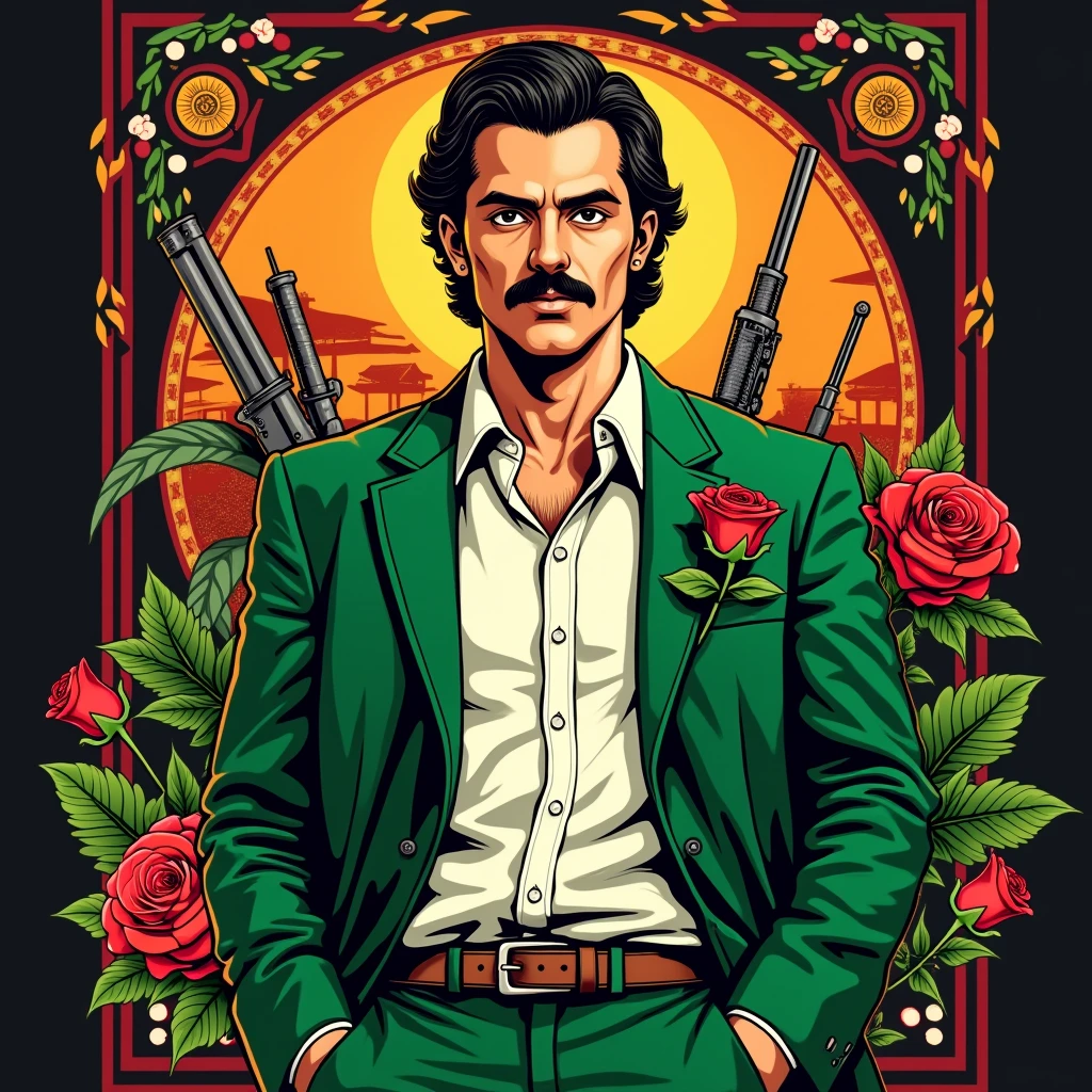 Holy in the Mexican style Jesus Malverde, holy mexican mafia, green suit, mustache and white button-down shirt, lord of marijuana and drug trafficking , print for shirt, vectorial , contrasting colours, no beard just mustache, shorth hair, red rose and weapons