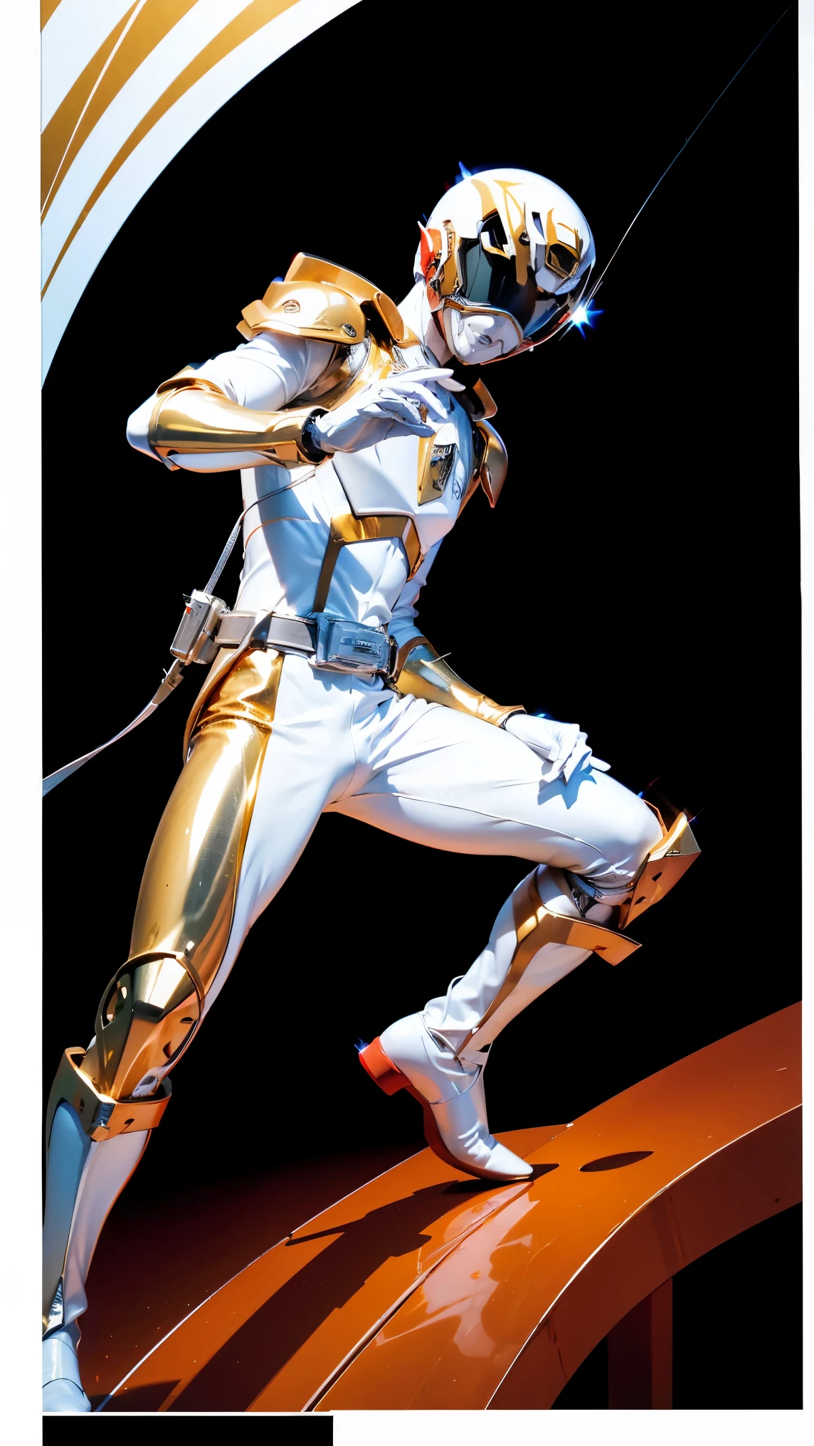 1boy, full body, Illustration, cinematic light, high resolution, best quality, ultra detailed, masterpiece, power suit, powerranger, suit, spd, (Silver and Gold chestplate), red and gold detail, (((white suit))),