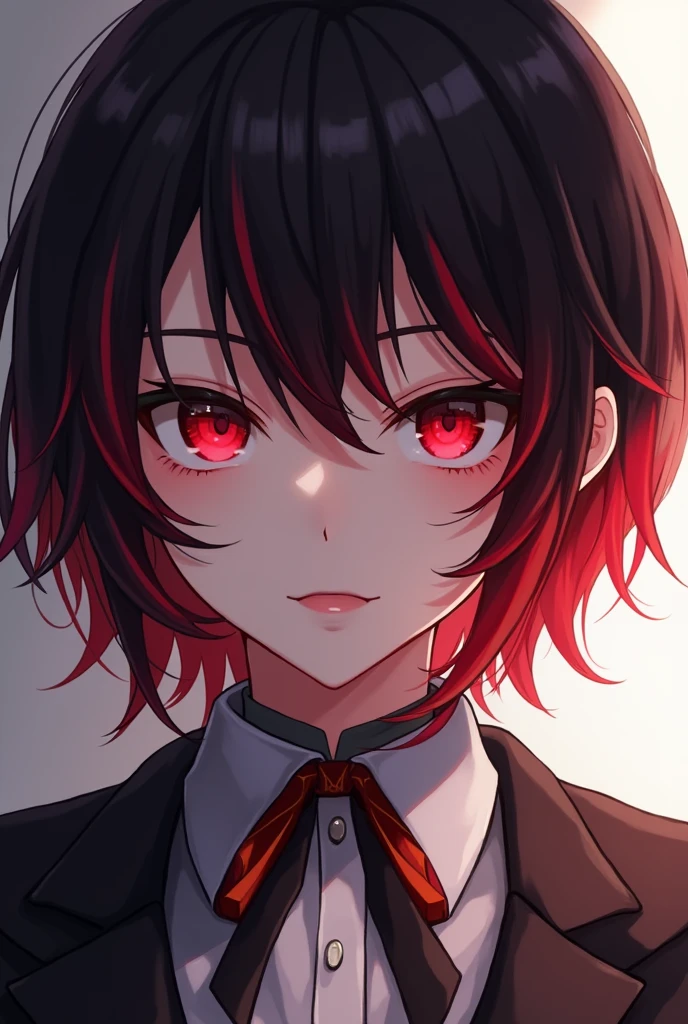 Short black hair woman with red locks and red eyes anime