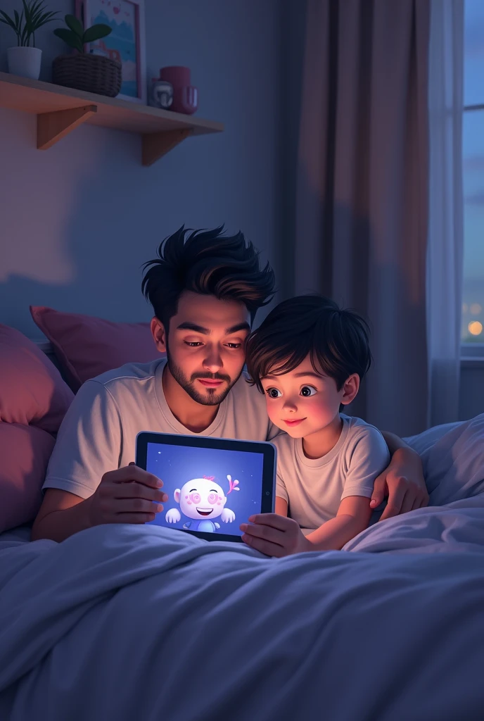 horizontal image, of a boy and his father sitting on the bed in the boy&#39;s room at night while they watch something on a tablet that is animated but not so much, With lilac colors, gray,negro, white, and pink