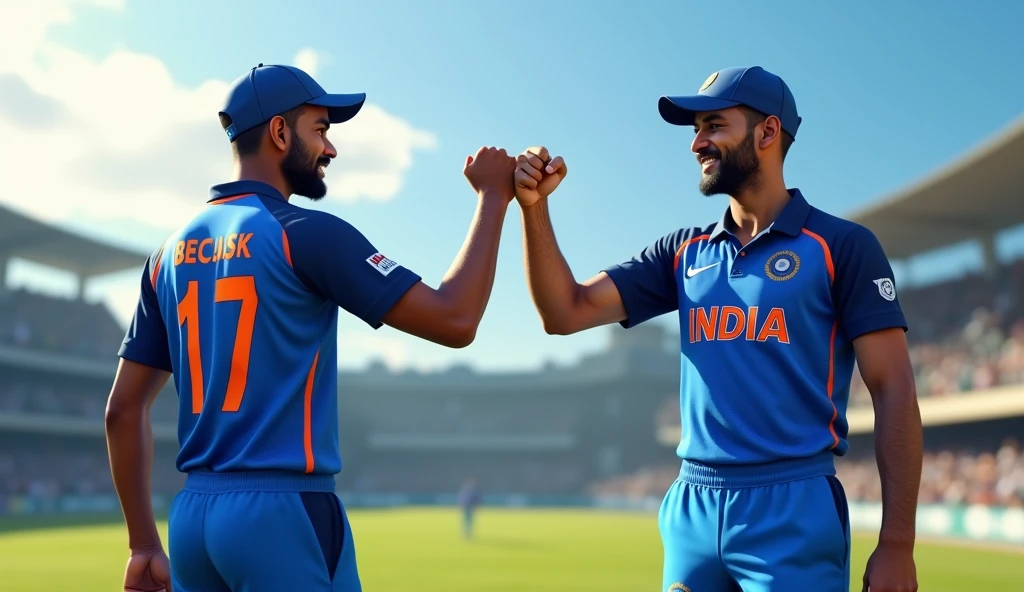 Two person with cricket india cricket team jersey fist bumping