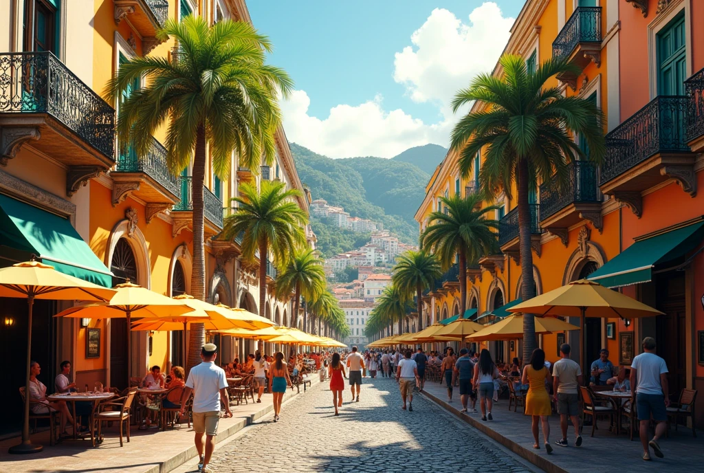 a beautiful city of Rio de Janeiro, European-style houses, gorgeous buildings, paved streets, people walking on the sidewalks, sunny day, detailed architecture, lush greenery, cobblestone roads, colorful umbrellas, outdoor cafes, bustling city life, warm sunlight, vibrant colors, photorealistic, cinematic, 8k, high quality, masterpiece