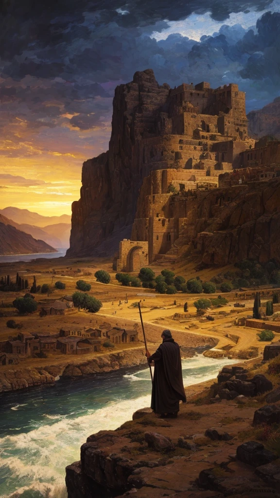 Epic, cinematic night scene, prophet Samuel seen from behind at a significantly distant and elevated viewpoint, full-body view, holding a simple oak wood staff, middle-aged with long graying hair and beard, medium-dark complexion, wearing traditional biblical-era attire—flowing tunic and cloak, dusk with a dark, moody atmosphere, reverent ambiance, ancient city of Ramah in the background with historically accurate flat-roofed stone houses arranged naturally, rugged arid landscape, swirling brushstrokes and vibrant colors in the style of Van Gogh, classical painting style, dramatic lighting, high-resolution, ultra detailed, lifelike, hyperrealistic, stunning visuals, masterpiece, full HD.