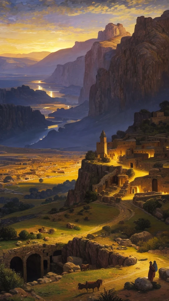 Epic, cinematic night scene, prophet Samuel seen from behind at a significantly distant and elevated viewpoint, full-body view, holding a simple oak wood staff, middle-aged with long graying hair and beard, medium-dark complexion, wearing traditional biblical-era attire—flowing tunic and cloak, dusk with a dark, moody atmosphere, reverent ambiance, ancient city of Ramah in the background with historically accurate flat-roofed stone houses arranged naturally, rugged arid landscape, swirling brushstrokes and vibrant colors in the style of Van Gogh, classical painting style, dramatic lighting, high-resolution, ultra detailed, lifelike, hyperrealistic, stunning visuals, masterpiece, full HD.