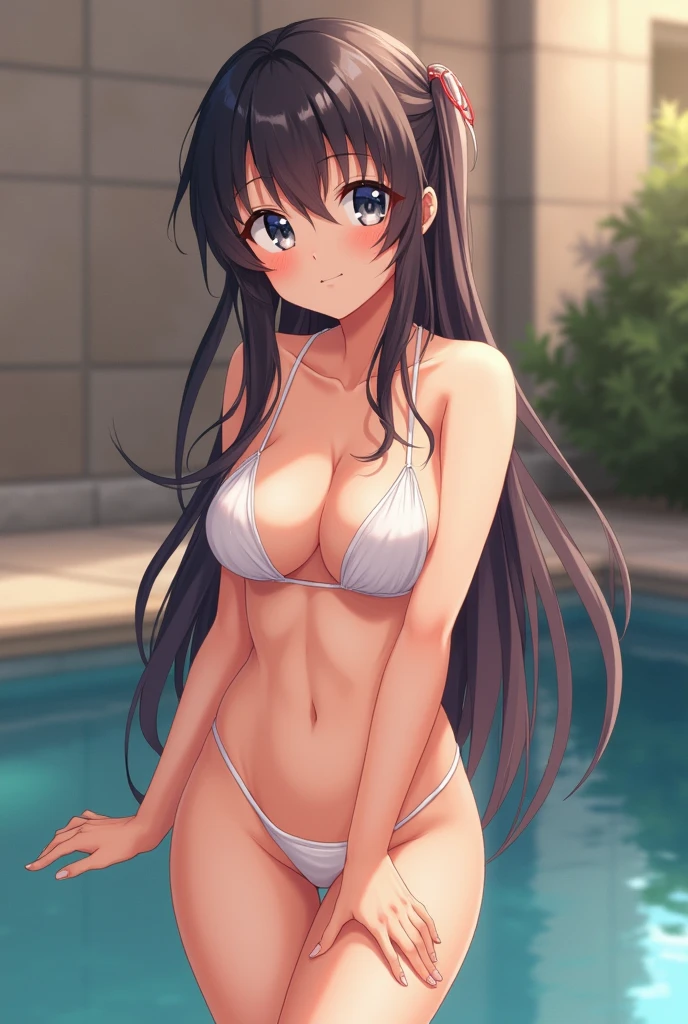 masterpiece, High resolution, High resolution, High resolution, Girl, cute, adorable, smiling, straight hair, long hair, black hair, standing, Swayback stance, looking at the camera, From the front, from thighs to head, pool, daylight,Skirt-style-bikini