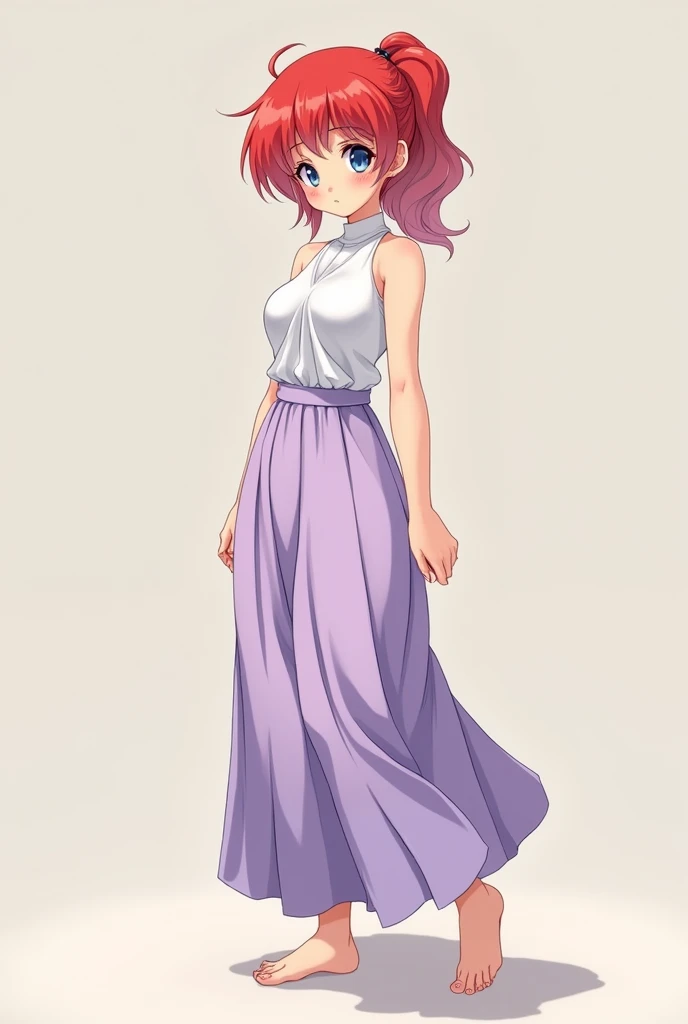 Create Female Ranma, make a girl,Clear contours, Color full-body photo, (beautiful and delicate eyes), (Nice face:1.3), childish face, Short red hair,Configure single ponytail, (Bangs), bumpy Bangs, blue gray eyes, big eyes,plump breasts,(clothes chinese style hanfu)(Horse-faced long skirt)top: Fitted white halter shirt,Bottom light purple chiffon wide leg high waist loose elegant nine-point pleated long skirt(actual:1.2),(Floral), (actual上下身衣服是:3.7 scale),Face the camera head-on,Bend one foot slightly against the calf of the other leg。